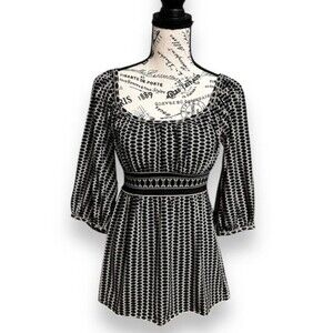Max Studio‎ S Black Cream Boho Geometric Tunic Top Empire Waist Stretch Y2K